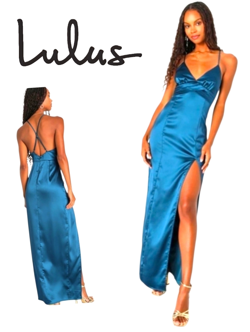LULUS Divine Entrance Satin Maxi Dress Teal Adj Strap Pleated Backless Sz SM NWT